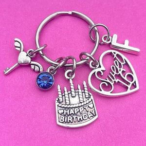 Cadeau joyeux 16e anniversaire, porte-clés doux 16e, cadeau souvenir anniversaire 16e anniversaire, initiale douce 16e anniversaire et cadeau pierre de naissance personnalisé