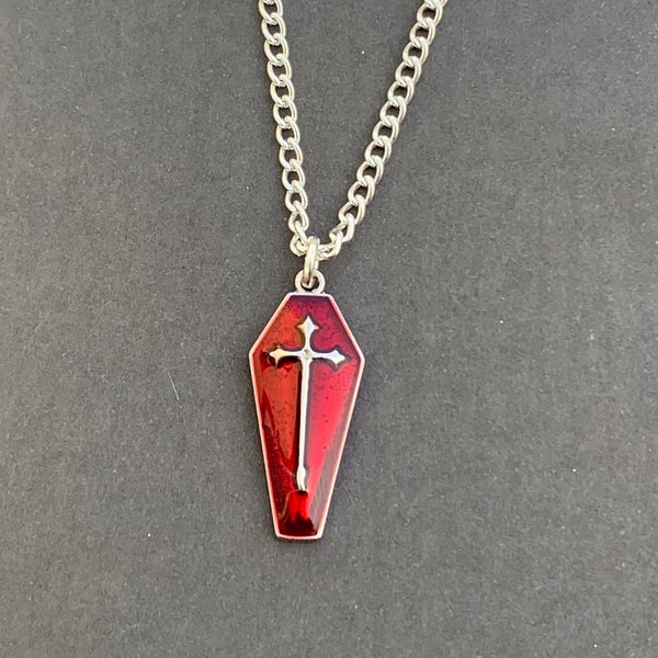 Coffin Necklace, Red Coffin Necklace, Cross Necklace, Gothic Cross Necklace, Goth Jewelry, Cross Necklace For Him Her Unisex