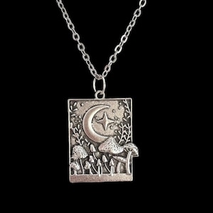 Mushroom Necklace, Silver Toadstool Necklace Chain Pendant, Mushroom and Moon Jewelry, Cottagecore Necklace, Fairycore Jewelry