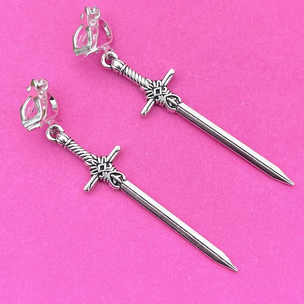 Örhängen med clips, svärdörhängen, gotiska smycken, gotiska örhängen med clips, cosplaysmycken, alternativa smycken, medeltida smycken