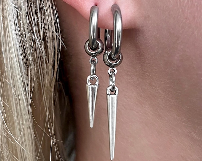 Silver Spike Hoop Earrings: Stainless Steel Punk Goth Jewelry