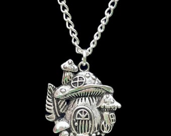 Zilveren ketting paddenstoelhuis, Cottagecore Toadstool-sieraden