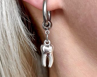 Gothic Tooth Hoop Earrings, Silver Teeth Hoops, Stainless Steel Punk Alternative Jewelry