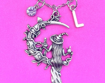 Personalised Witch Necklace, Custom Wiccan Necklace, Witchcraft Jewelry, Wicca Jewelry, Crescent Moon Necklace, Witch Gift, Pagan Jewelry