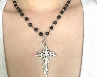 Gothic Rosary Necklace: Silver Plated Cross, Black Acrylic Beads