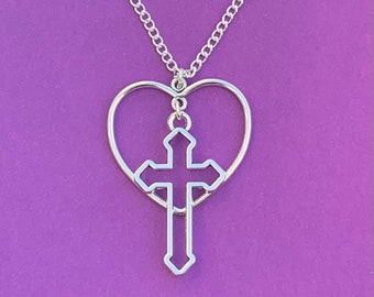 Heart and Cross Silver Necklace Chain Pendant, Large Cross Necklace, Heart Necklace, Gothic Necklace, Goth Jewelry