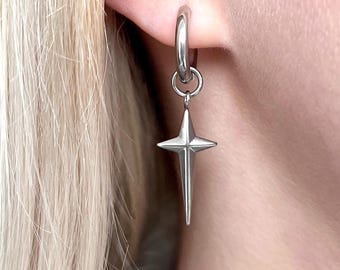 Stainless Steel Star Hoops, Mens Dangle Silver Star Earrings, Gothic North Star Hoop Earrings