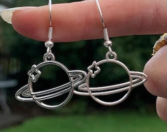 Saturn Earrings, Silver Planet Earrings, Space Earrings, Space Pendant, Saturn Jewelry
