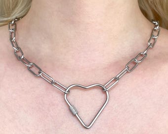 Heart Carabiner Choker Necklace, Stainless Steel Chunky Paperclip Link Punk Gothic Necklace