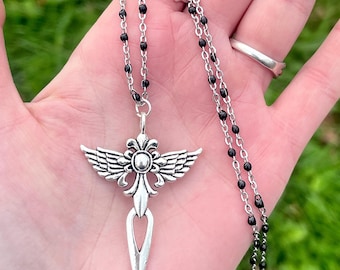Sword Necklace, Silver Dagger Necklace, Sword Choker, Gothic Jewelry, Sword Jewelry, Layering Black Beaded Necklace, Goth Jewelry