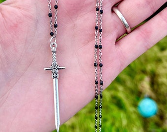 Dagger Necklace, Gothic Jewelry, Sword Necklace, Sword Choker Necklace, Goth Necklace, Large Silver Sword Necklace, Sword Rosary Necklace