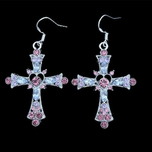 Silver Cross With Heart Earrings, Pink Cross Earrings, Large Cross Earrings, Gothic Cross Earrings, Goth Jewelry