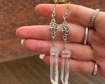 Moon and Star Celestial Silver Clear Crystal Dangle Earrings, Boho Earrings, Witch Earrings, Gothic Earrings, Goth Jewelry