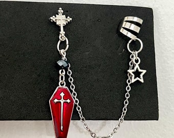 Coffin Shaped Dangle Earrings, Goth Earrings, Gothic Ear Cuff, Ear Cuff Chain Earrings, Gothic Jewelry, Punk Earrings
