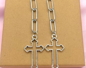 Gothic Dangle Cross Earrings: Chunky Silver Plated Goth Punk Jewelry