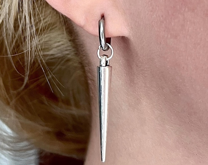 Silver Gothic Spike Hoop Earrings, Stainless Steel Dangle Goth Jewelry