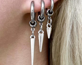 Silver Spike Hoop Earrings: Stainless Steel Punk Goth Jewelry