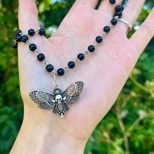 Death Head Moth Necklace, Gothic Black Rosary Beads, Silver Moth Jewellery, Goth Necklace, Gothic Jewellery, Rosary Style Necklace