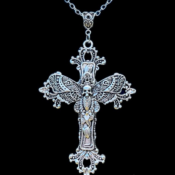 Collier anti-mites de tête de mort, collier croix gothique, bijoux gothiques, bijoux anti-mites en argent, bijoux de sorcière