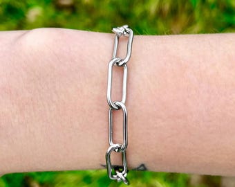 Stainless Steel Paperclip Chain Bracelet, Chunky Unisex Silver Bracelet Link