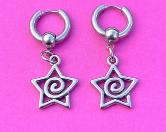 Silver Star Swirl Hoops, Grunge Stainless Steel Spiral Star Hoop Earrings, Y2K Whimsigoth Swirly Star Jewellery