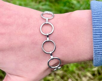 Chunky O Ring Stainless Steel Chain Bracelet, Gothic Minimalist Silver Circle Link Bracelet