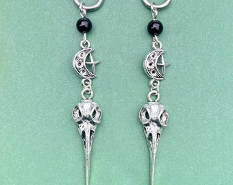 Raven Skull Hoop Earrings, Bird Skull Jewellery, Gothic Plague Doctor Jewelry