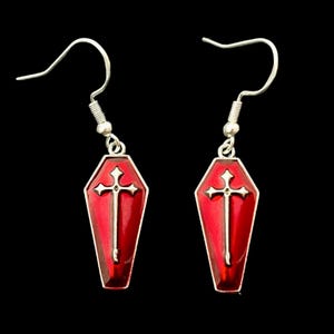 Coffin Shaped Red Cross Dangle Silver Hook Earrings For Men Women Unisex Gothic Punk Alternative