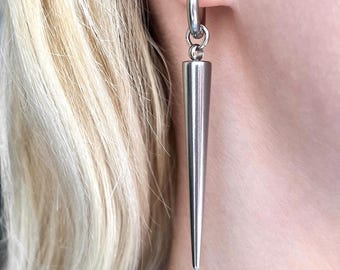 Long Silver Spike Hoop Earrings: Stainless Steel Punk Goth Jewelry