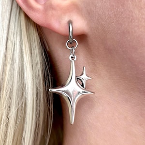 North Star Hoop Earrings, Silver Star Charm Huggie Hoops, Y2K Star Jewelry, Mens Gothic Grunge Dangle Star Earrings, Edgy Celestial Jewelry