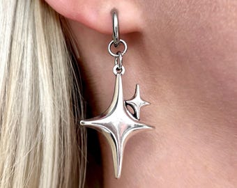 North Star Hoop Earrings, Silver Star Charm Huggie Hoops, Y2K Star Jewelry, Mens Gothic Grunge Dangle Star Earrings, Edgy Celestial Jewelry