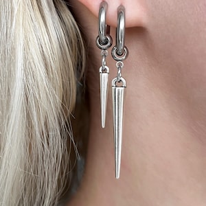Large Silver Spike Hoop Earrings: Stainless Steel Punk Goth Jewelry