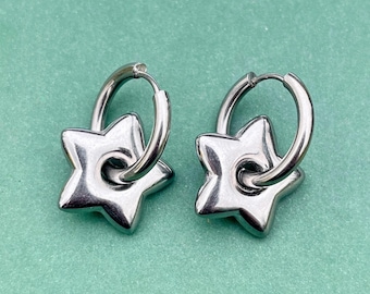 Stainless Steel Star Hoop Earrings, Gothic Y2K Chunky Star Huggie Hoops, Grunge Jewellery