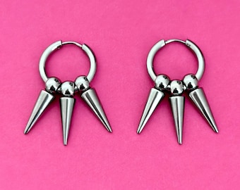 Triple Spike Hoop Earrings, Stainless Steel Gothic Punk Jewelry