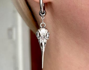 Raven Skull Hoop Earrings, Bird Skull Hoops, Gothic Witchy Jewelry