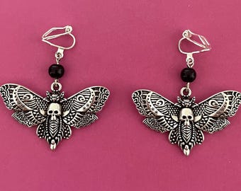 Death Head Moth Clip On Earrings, Gothic Clip-On Earrings, Goth Non-Pierced Earrings, Death Moth Earrings