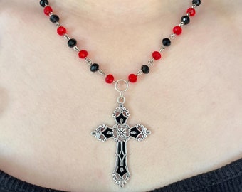 Goth Rosary Necklace, Gothic Rosary Style Necklace, Gothic Cross Beaded Necklace