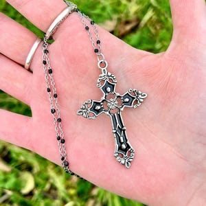 Silver and Black Goth Cross Necklace, Gothic Jewelry, Grunge Alternative Jewelry, Y2K Large Cross Necklace, Rhinestone Cross Necklace
