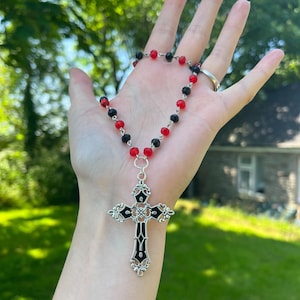 Goth Cross Rosary Necklace, Gothic Rosary Style Necklace, Gothic Jewelry, Trad Goth, Goth Necklace, Black and Red Rosary Necklace
