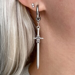 Silver Sword Dagger Hoop Earrings, Gothic Punk Jewelry