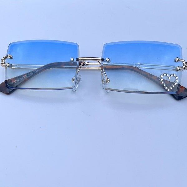 Y2K Retro Blue Sunglasses With Heart Rhinestones, Rectangle Sunglasses, Edgy Sunglasses For Parties Festival Rave Glasses