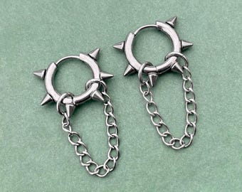Silver Spike Chain Hoop Earrings: Stainless Steel Gothic Punk Jewelry