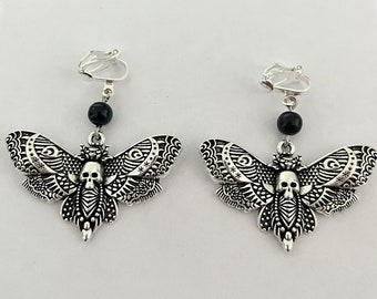 Death Head Moth Clip On Earrings, Gothic Clip-On Earrings, Goth Non-Pierced Earrings, Death Moth Earrings