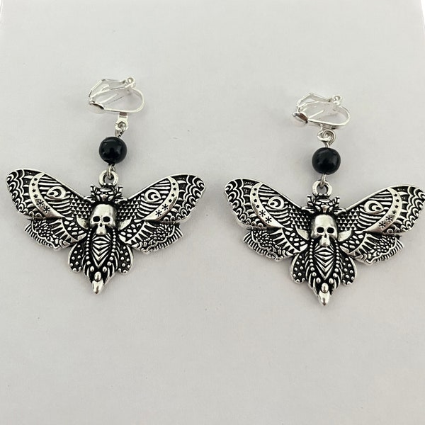 Death Head Moth Clip On Earrings, Gothic Clip-On Earrings, Goth Non-Pierced Earrings, Death Moth Earrings