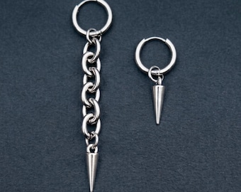 Mismatched Spike Chain Hoop Earrings, Gothic Punk Jewellery