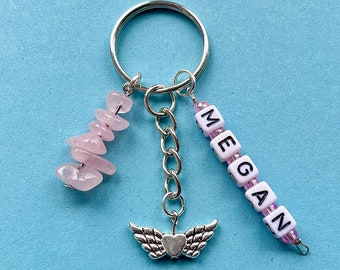 Personalized Rose Quartz Keychain: Custom Name, Heart Charm, Gemstone Keyring