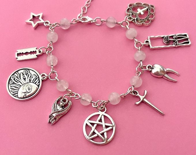 Custom Rose Quartz Charm Bracelet, Build Your Own Silver Charm Bracelet, Personalised Gemstone Jewelry Gift, Design Your Own Bracelet
