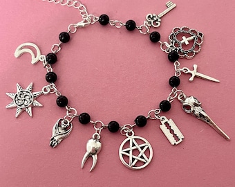 Custom Silver Charm Bracelet, Build Your Own Charm Bracelet, Personalised Jewelry Gift, Design Your Own Bracelet, Black Beaded Bracelet