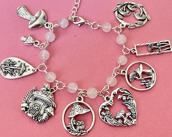 Mushroom Charm Bracelet, Rose Quartz Bracelet, Mushroom Gifts, Mushroom Jewelry, Nature Bracelet, Cottagecore Fairycore Accessories