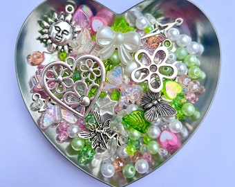 Bead Soup Mix, Pink Green White Jewelry Making Beads, Fairycore, Y2K, Coquette, Charms